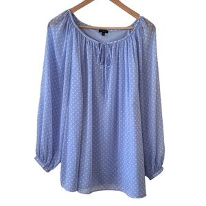 Talbots Plus Blue Polka Dot Lined Sheer Long Sleeve Blouse Size 2X